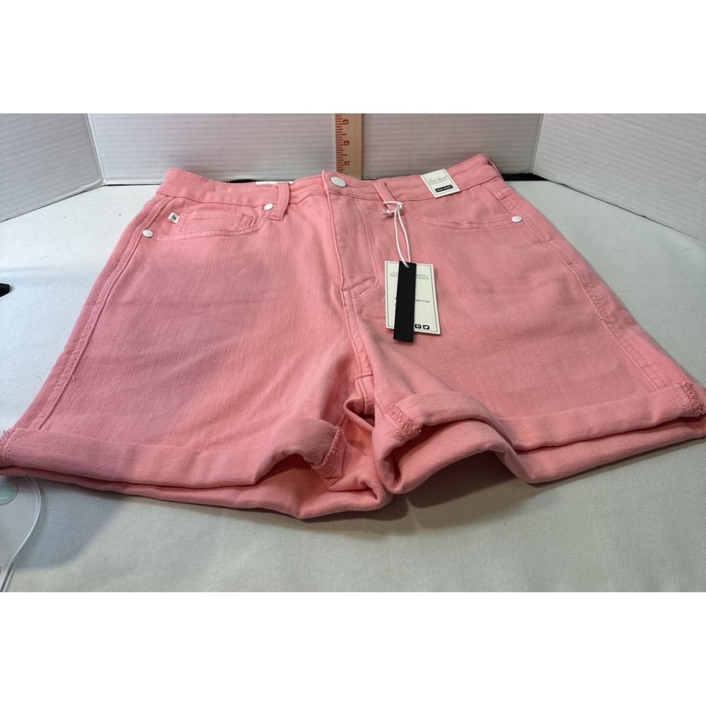 JUDY BLUE Denim Shorts Size Lg High Waist Tummy Control Garment Dyed Pink‎
